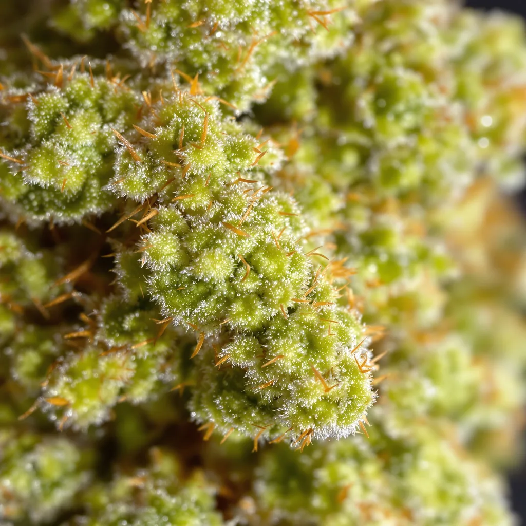 Gros plan de fleur de cannabis NYC Sour Diesel montrant structure aérée vert lime