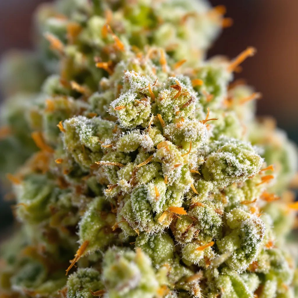 Gros plan de fleur de cannabis NYC Sour Diesel montrant structure aérée vert lime