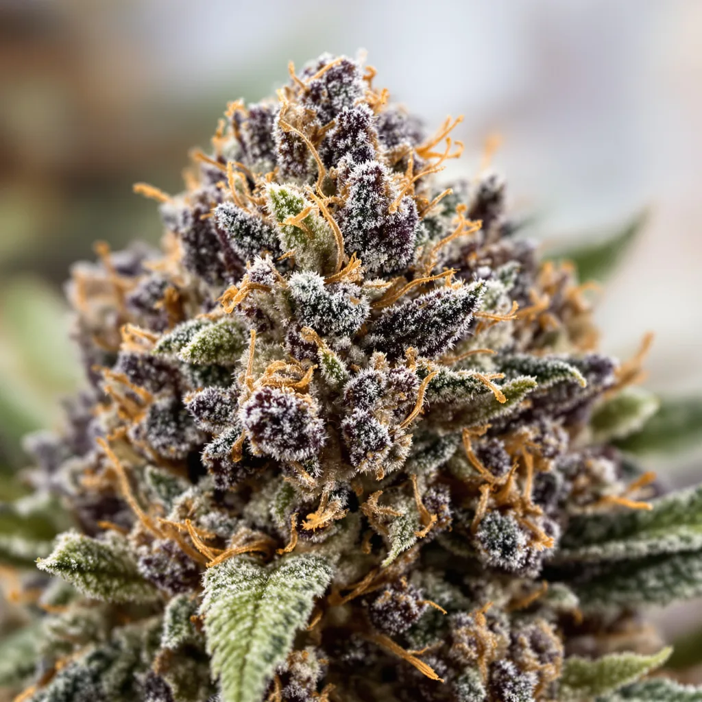 Gros plan de fleur de cannabis Obama Kush montrant calices denses aux reflets violets
