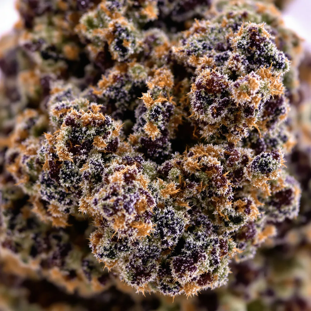 Gros plan de fleur de cannabis Obama Kush montrant calices denses aux reflets violets