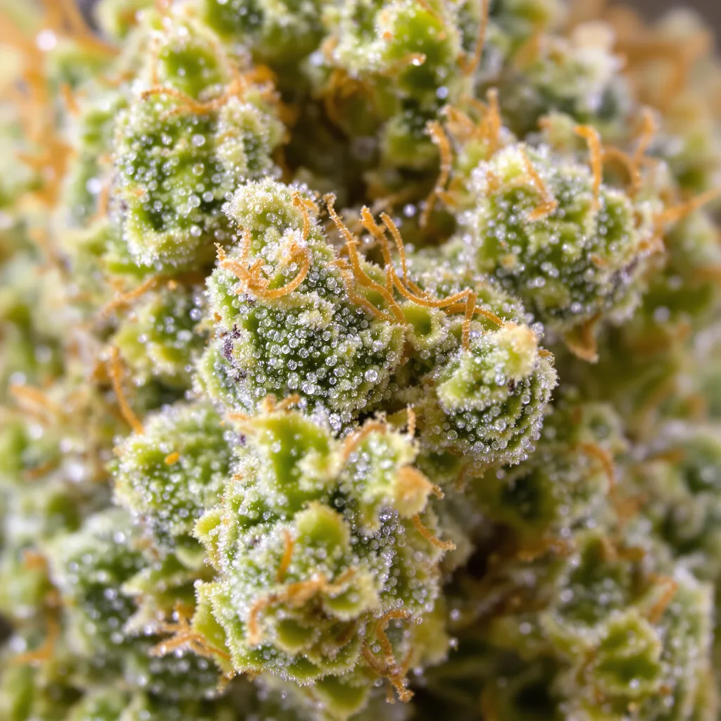 Gros plan de fleur de cannabis OCAs Cloud 9 montrant structure aérée vert lime