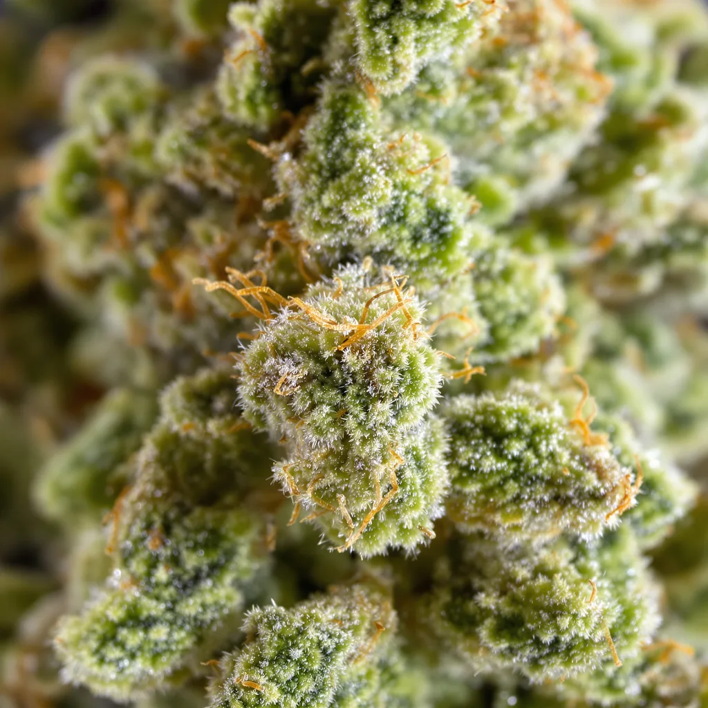 Gros plan de fleur de cannabis OG #18 montrant structure aérée vert lime