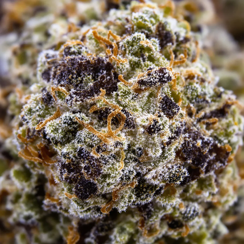 Gros plan de fleur de cannabis OG Cheese montrant calices denses aux reflets violets