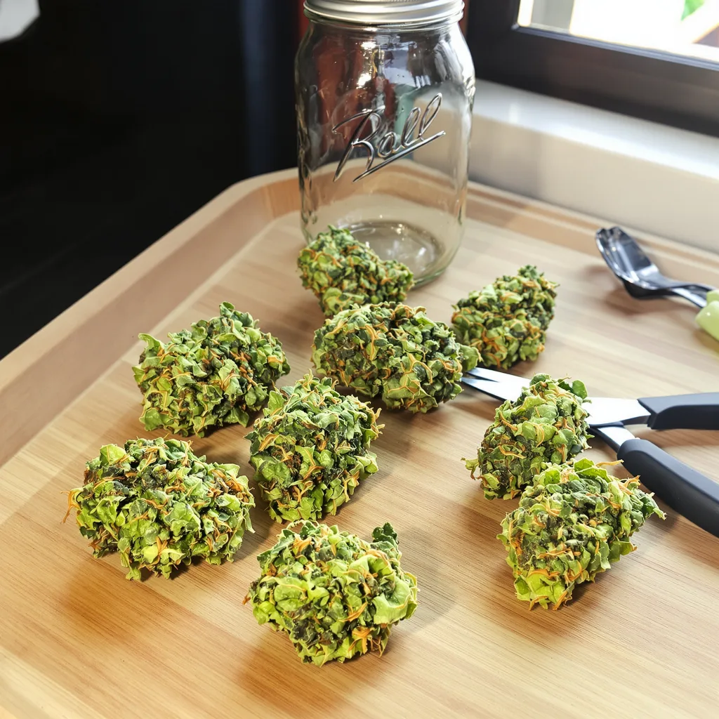 OG Chem 30% indica / 70% sativa — fleur avec trichomes visibles
