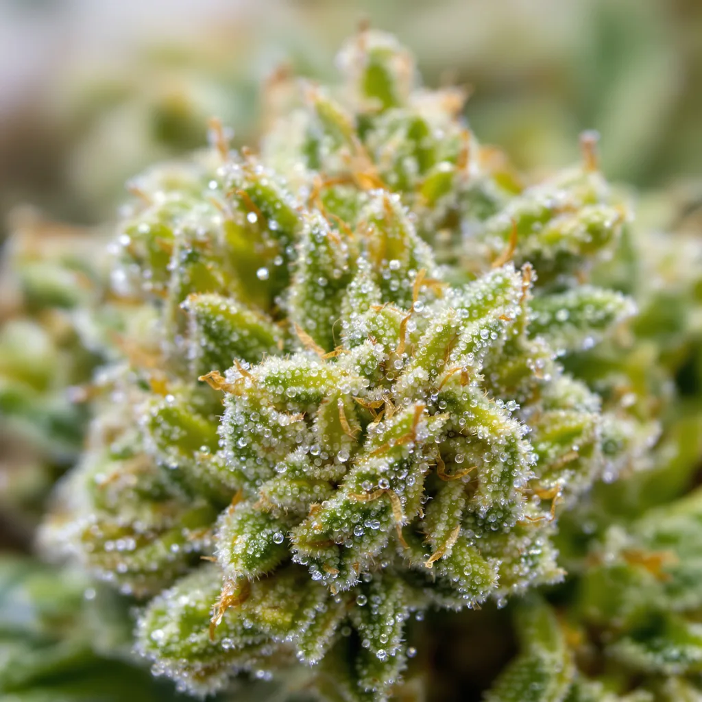 Gros plan de fleur de cannabis OG Chem montrant structure aérée vert lime