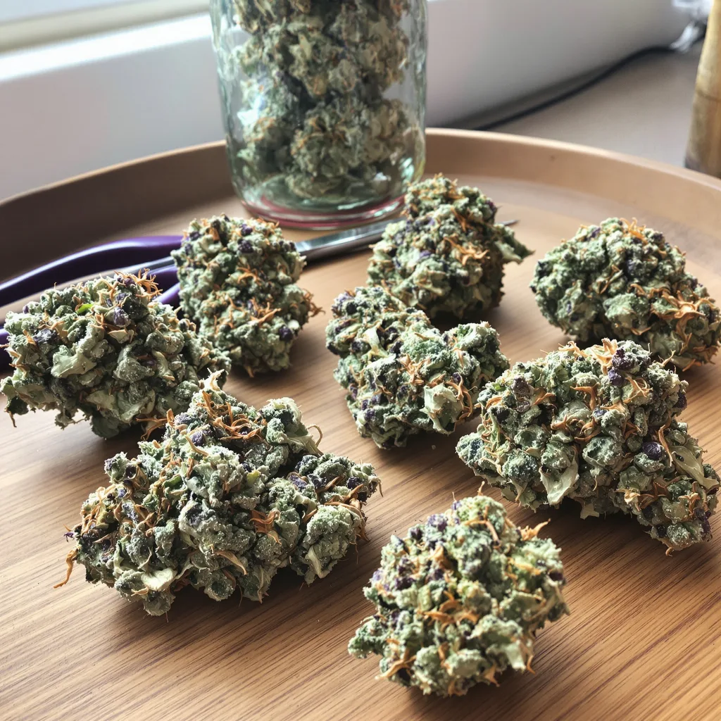 OG Diesel Kush 35% indica / 65% sativa — fleur avec trichomes visibles