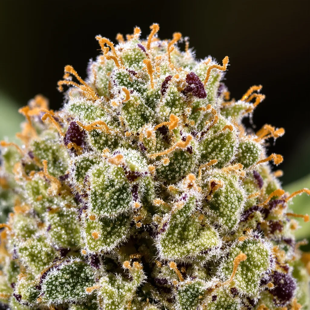 Gros plan de fleur de cannabis OG Diesel Kush montrant structure ouverte avec pistils orangés