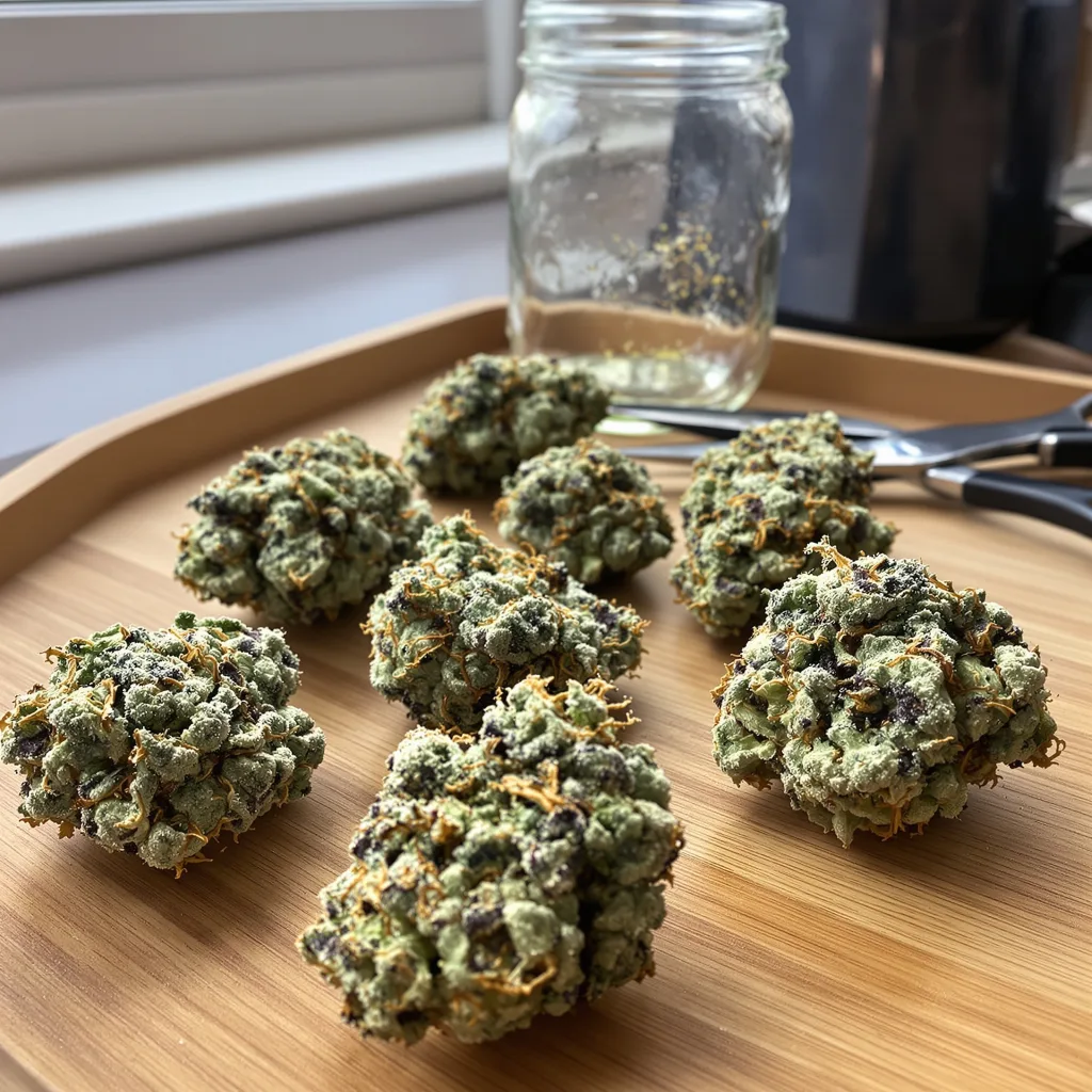 OG Diesel Kush 35% indica / 65% sativa — fleur avec trichomes visibles