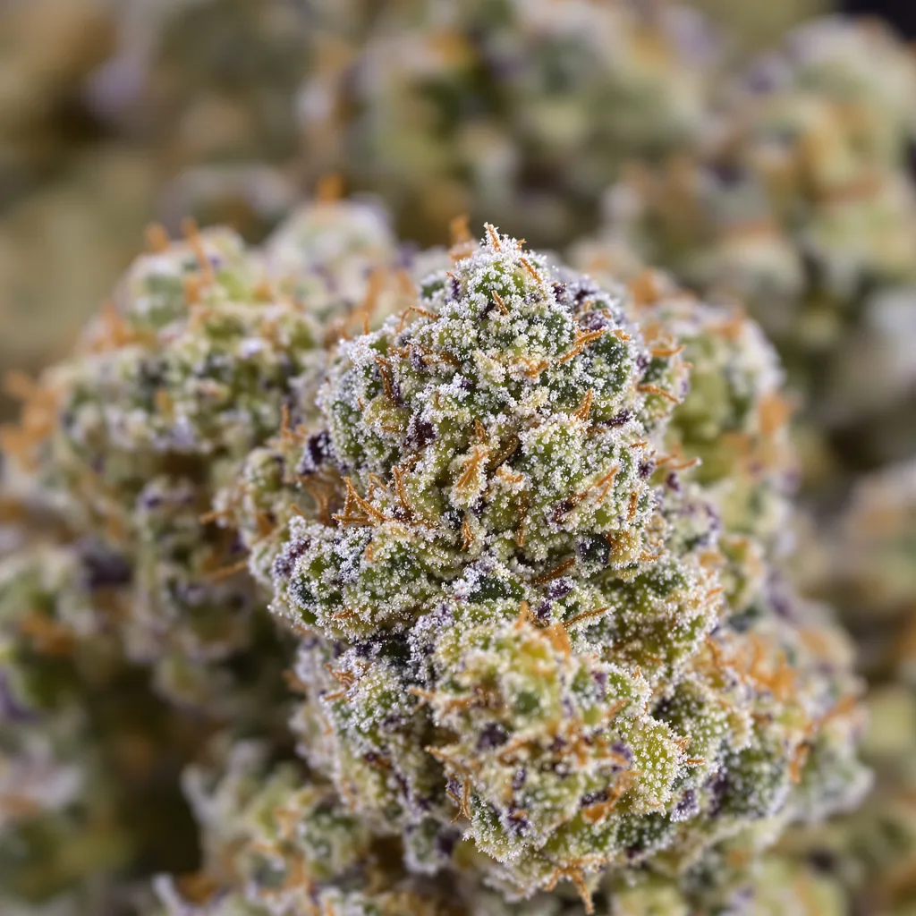 Gros plan de fleur de cannabis OG Diesel Kush montrant structure ouverte avec pistils orangés
