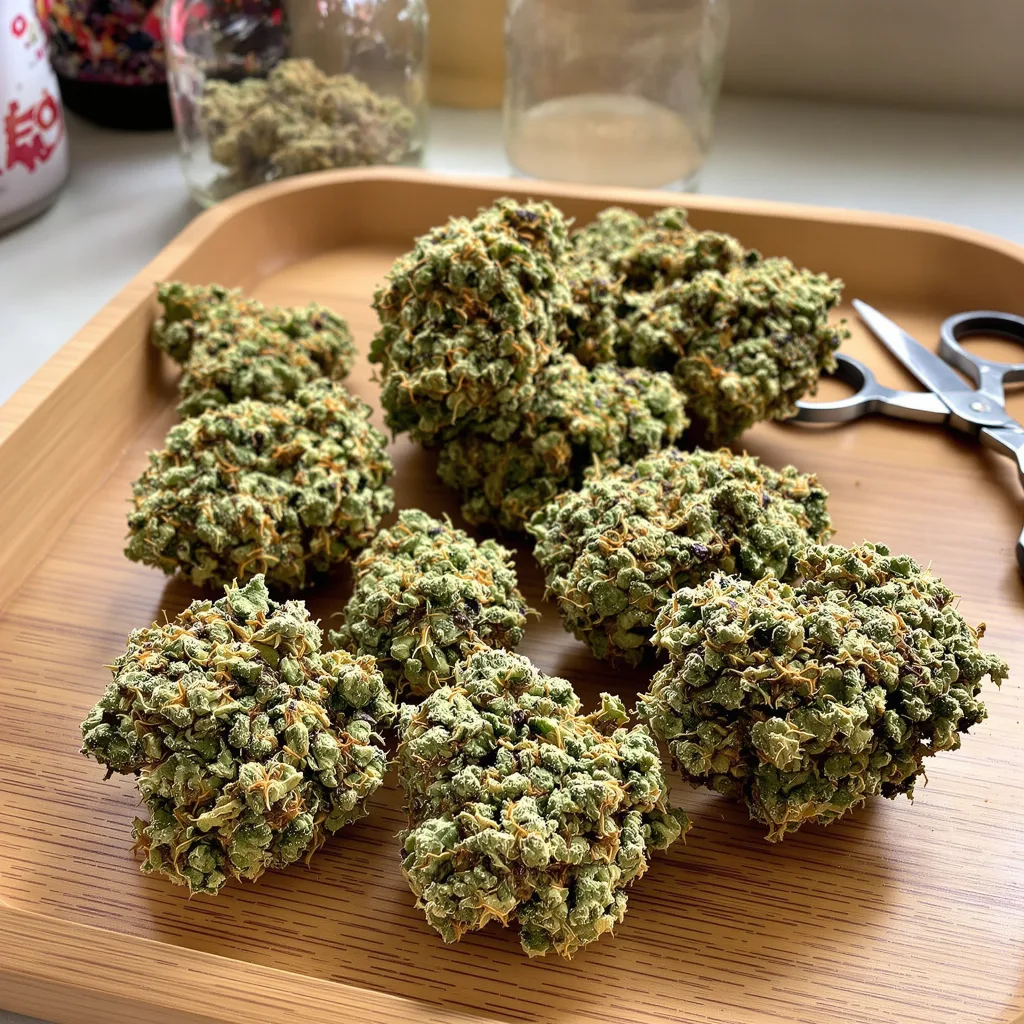 OG Kush 55% indica / 45% sativa — fleur avec trichomes visibles