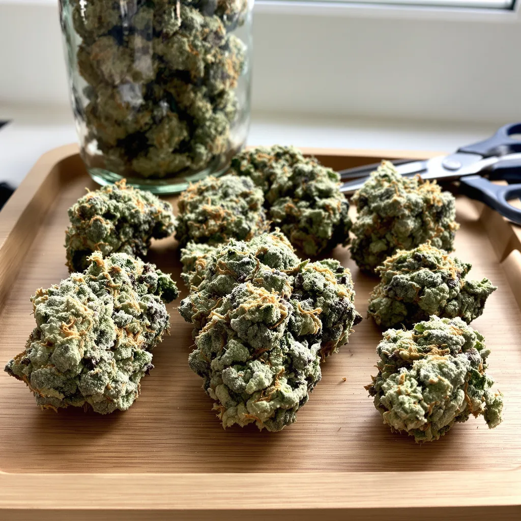 OG Kush 55% indica / 45% sativa — fleur avec trichomes visibles