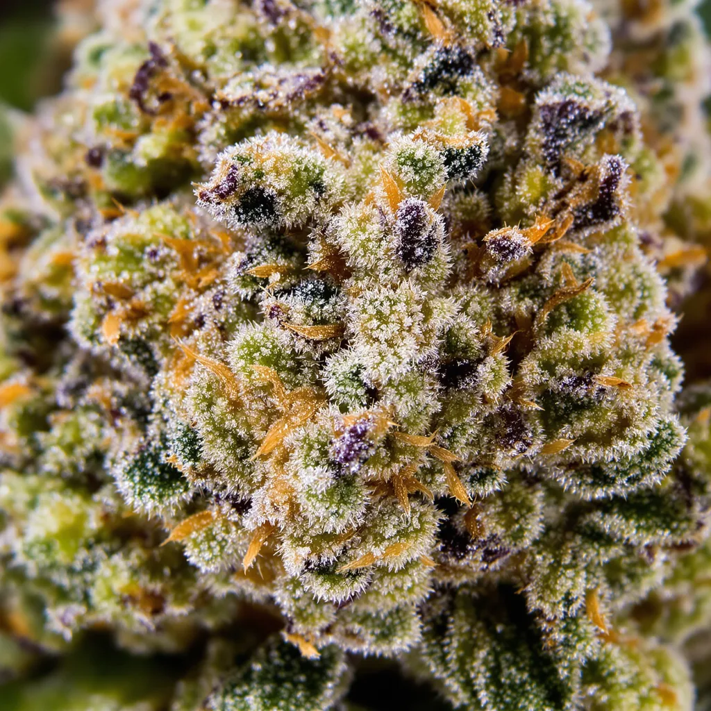 Gros plan de fleur de cannabis OG Kush montrant structure équilibrée avec trichomes givrés