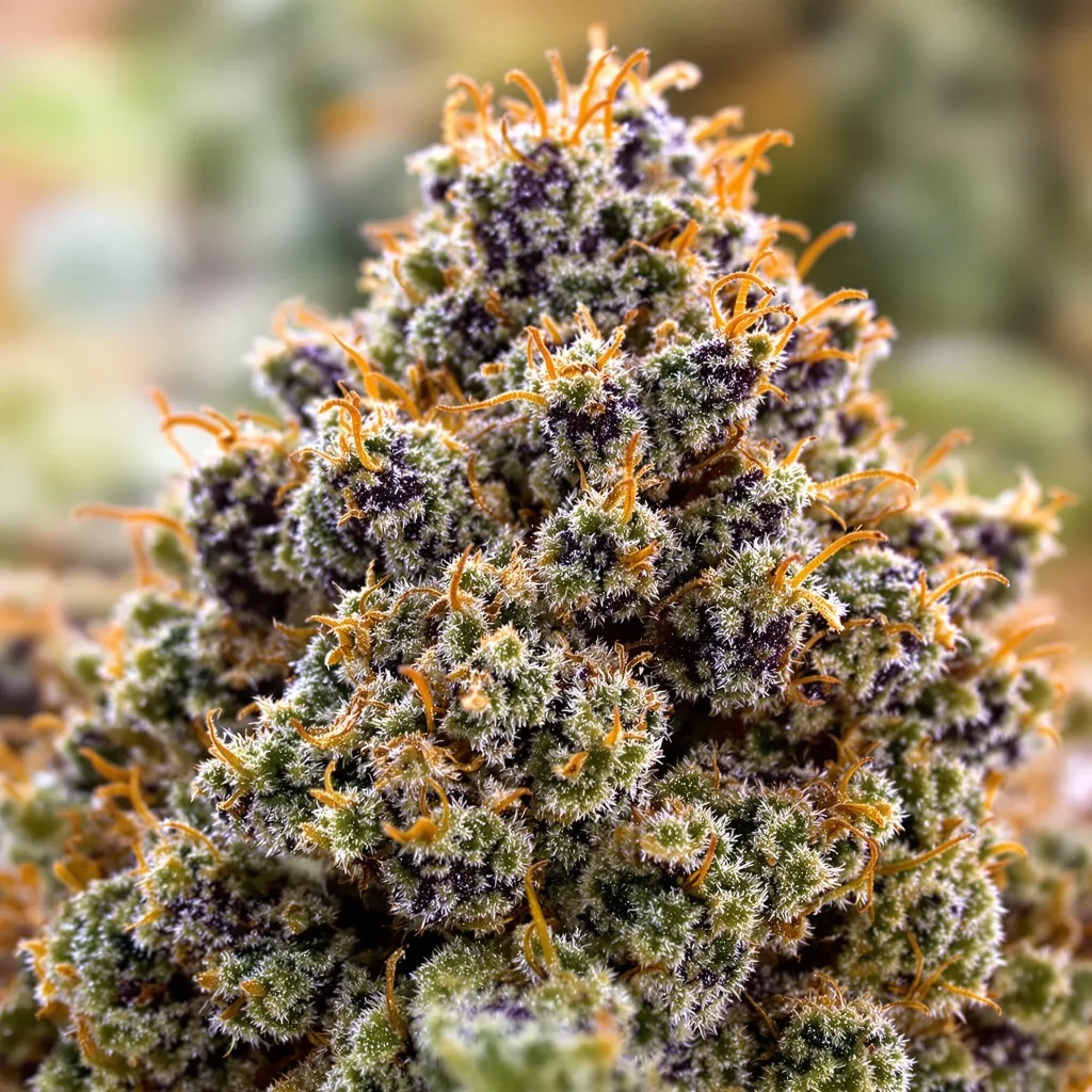 Gros plan de fleur de cannabis OG LA Affie montrant calices denses aux reflets violets