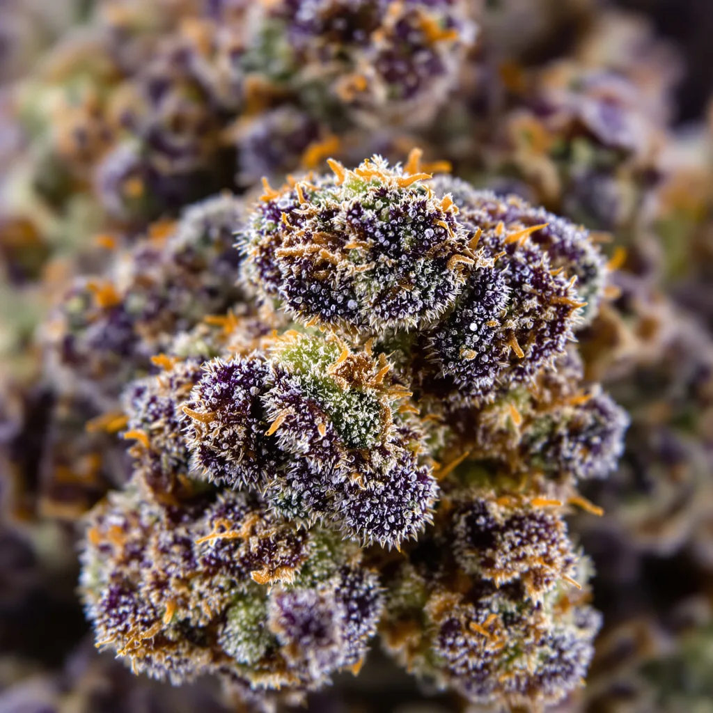 Gros plan de fleur de cannabis OG Los Angeles Kush montrant calices denses aux reflets violets