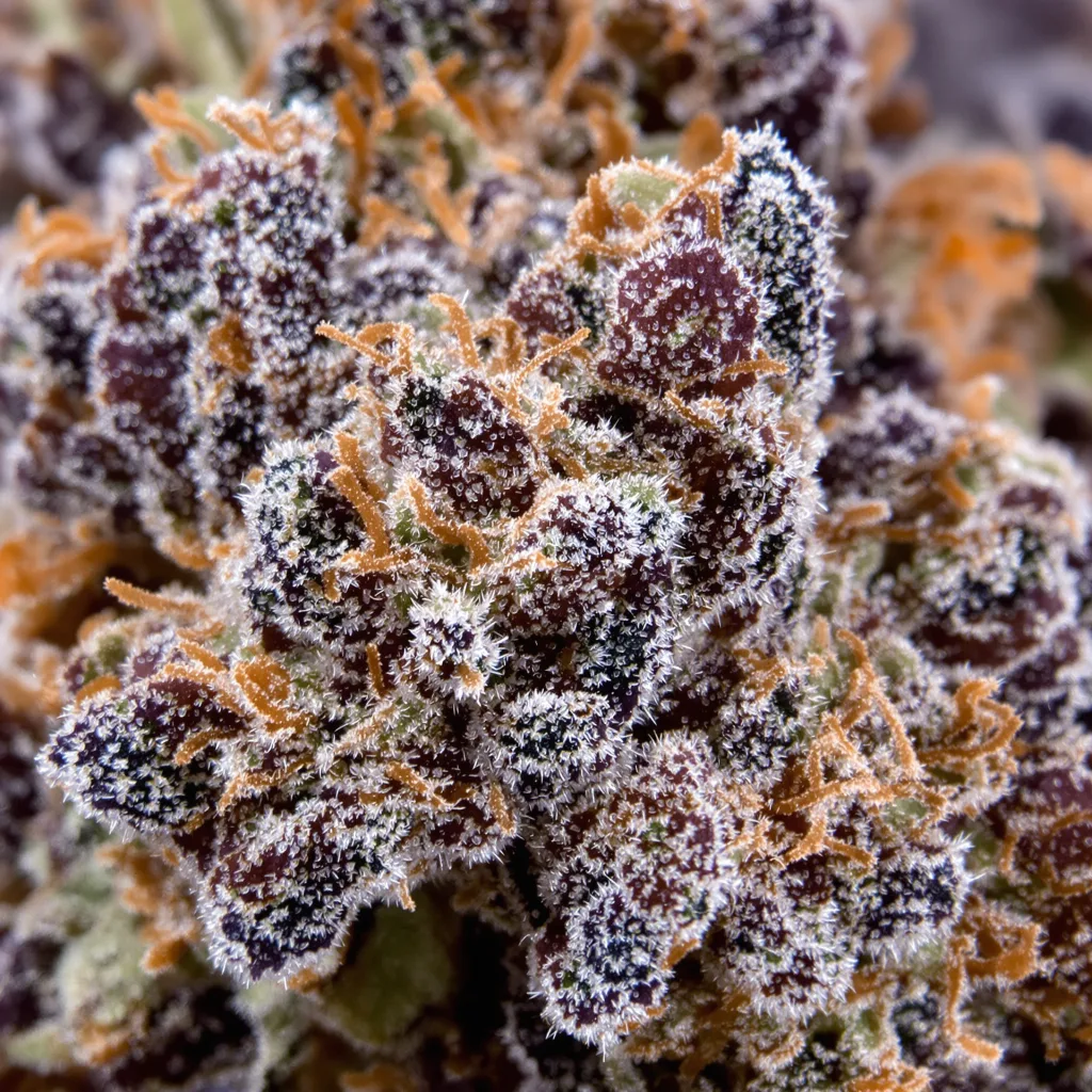 Gros plan de fleur de cannabis OG's Pearl montrant calices denses aux reflets violets