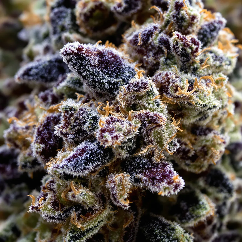 Gros plan de fleur de cannabis Ogre Berry montrant calices denses aux reflets violets