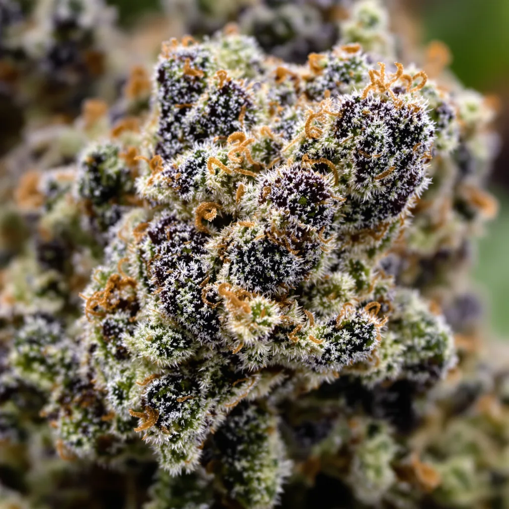 Gros plan de fleur de cannabis Ogre Berry montrant calices denses aux reflets violets