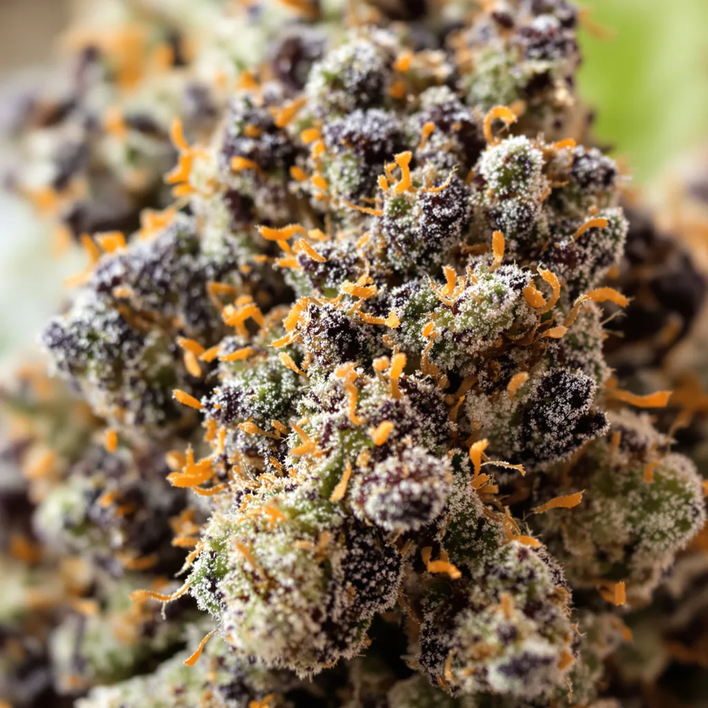 Gros plan de fleur de cannabis Old School OG montrant calices denses aux reflets violets
