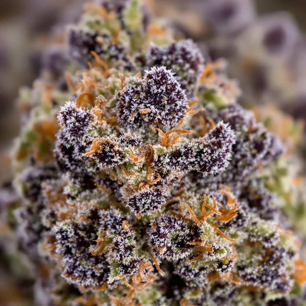 Gros plan de fleur de cannabis Old School OG montrant calices denses aux reflets violets