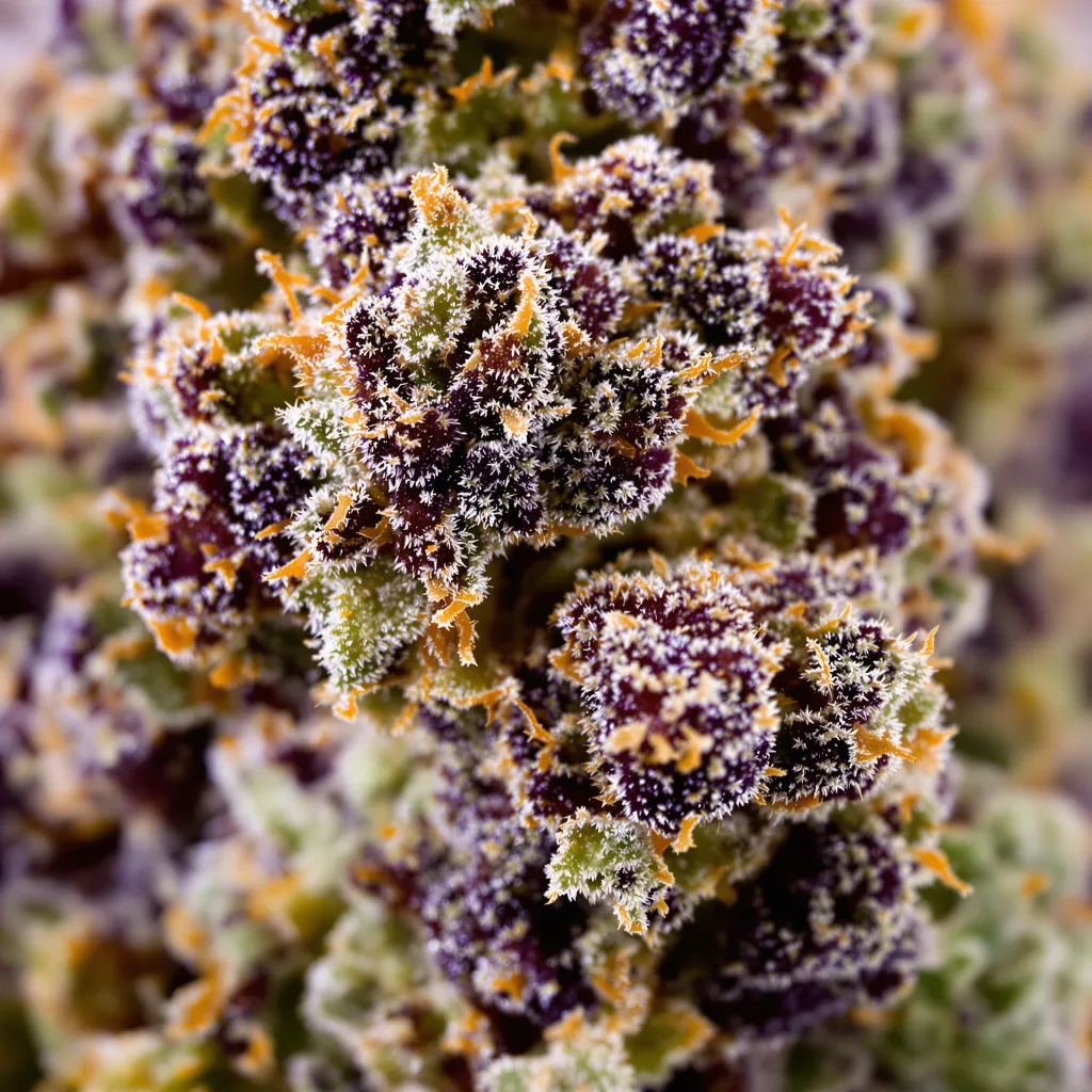 Gros plan de fleur de cannabis Orange Bud montrant calices denses aux reflets violets