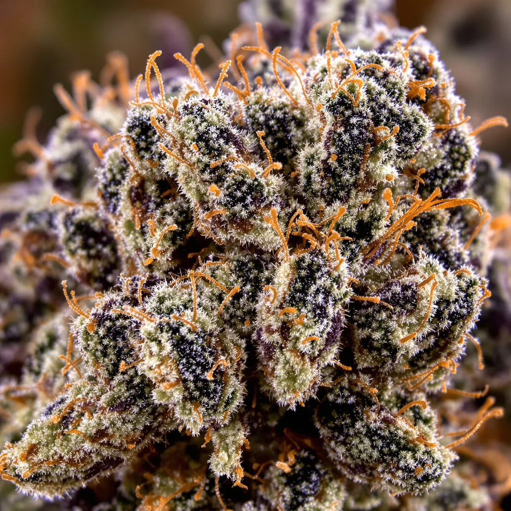 Gros plan de fleur de cannabis Orange Bud montrant calices denses aux reflets violets