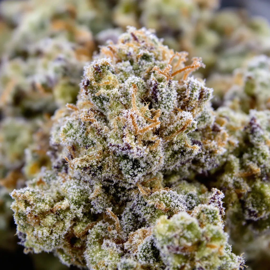 Gros plan de fleur de cannabis Orange Cookies montrant nugs denses vert forêt