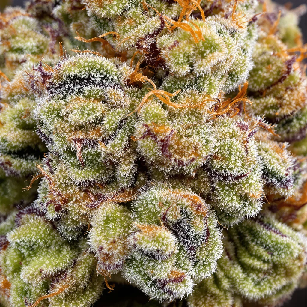 Gros plan de fleur de cannabis Orange Cream montrant structure équilibrée avec trichomes givrés