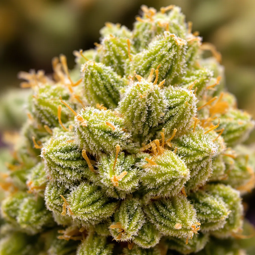 Gros plan de fleur de cannabis Orange Crush montrant structure aérée vert lime