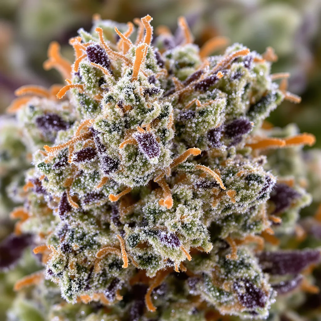 Gros plan de fleur de cannabis Orange Haze montrant structure ouverte avec pistils orangés