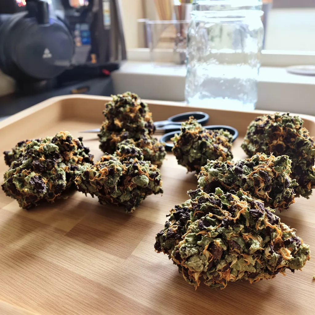 Orange Kush Cake 72% indica / 28% sativa — fleur avec trichomes visibles