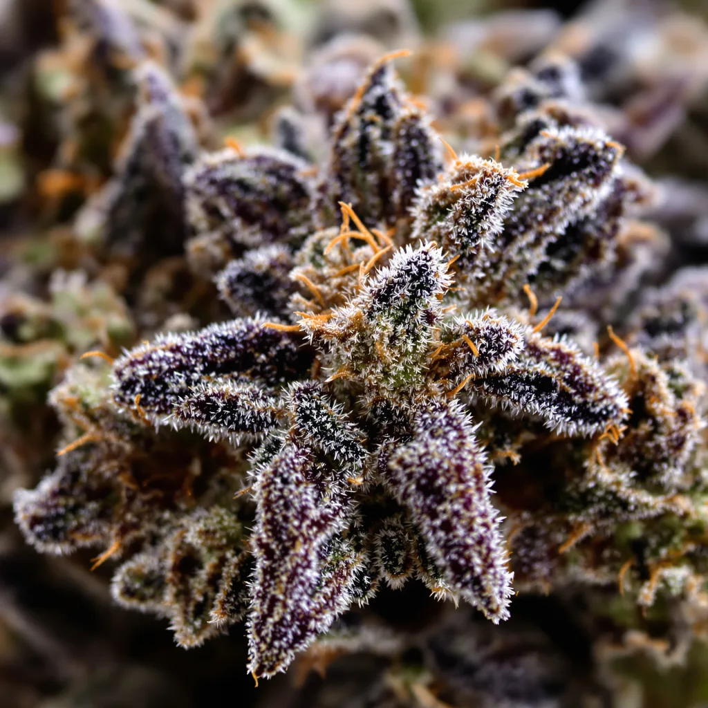 Gros plan de fleur de cannabis Orange Kush Cake montrant calices denses aux reflets violets