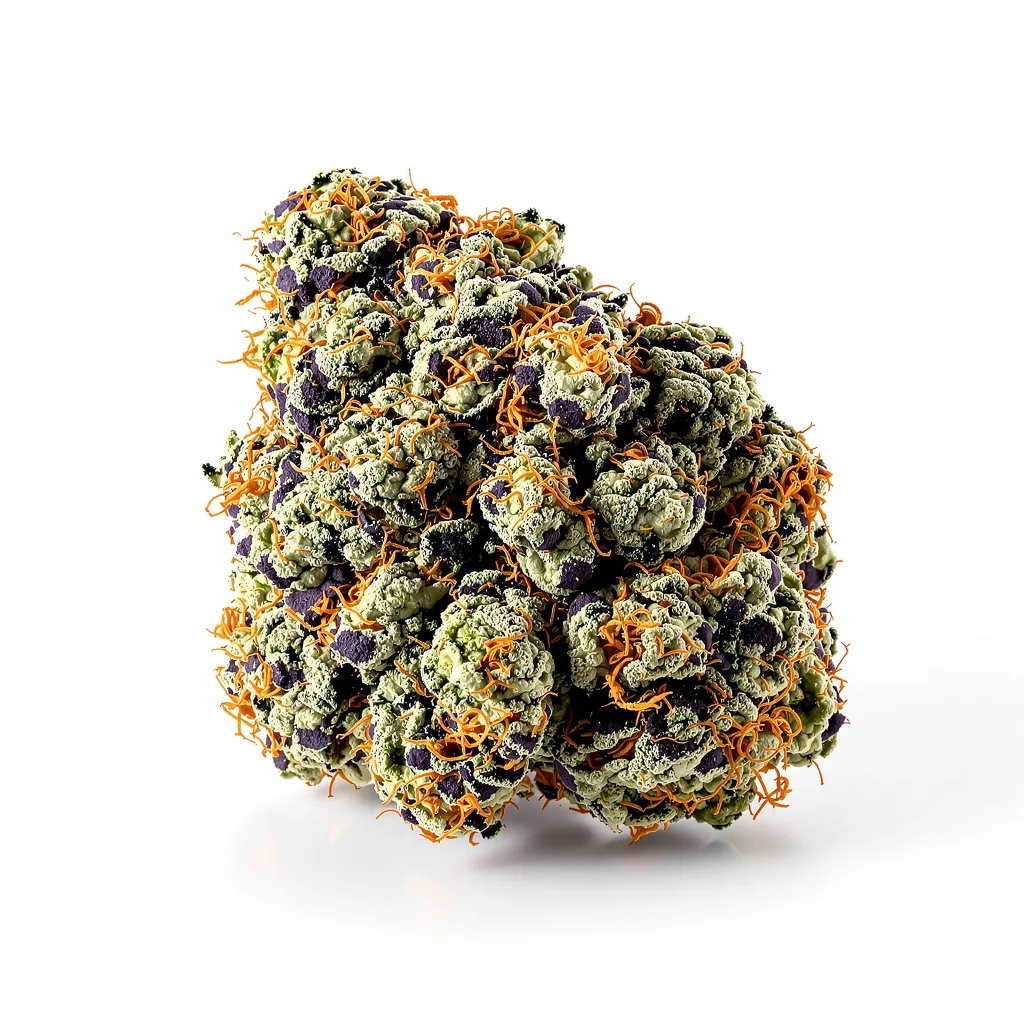 Orange Kush Cake 72% indica / 28% sativa — fleur avec trichomes visibles