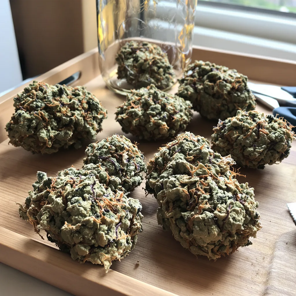 Orange Kush 50% indica / 50% sativa — fleur avec trichomes visibles