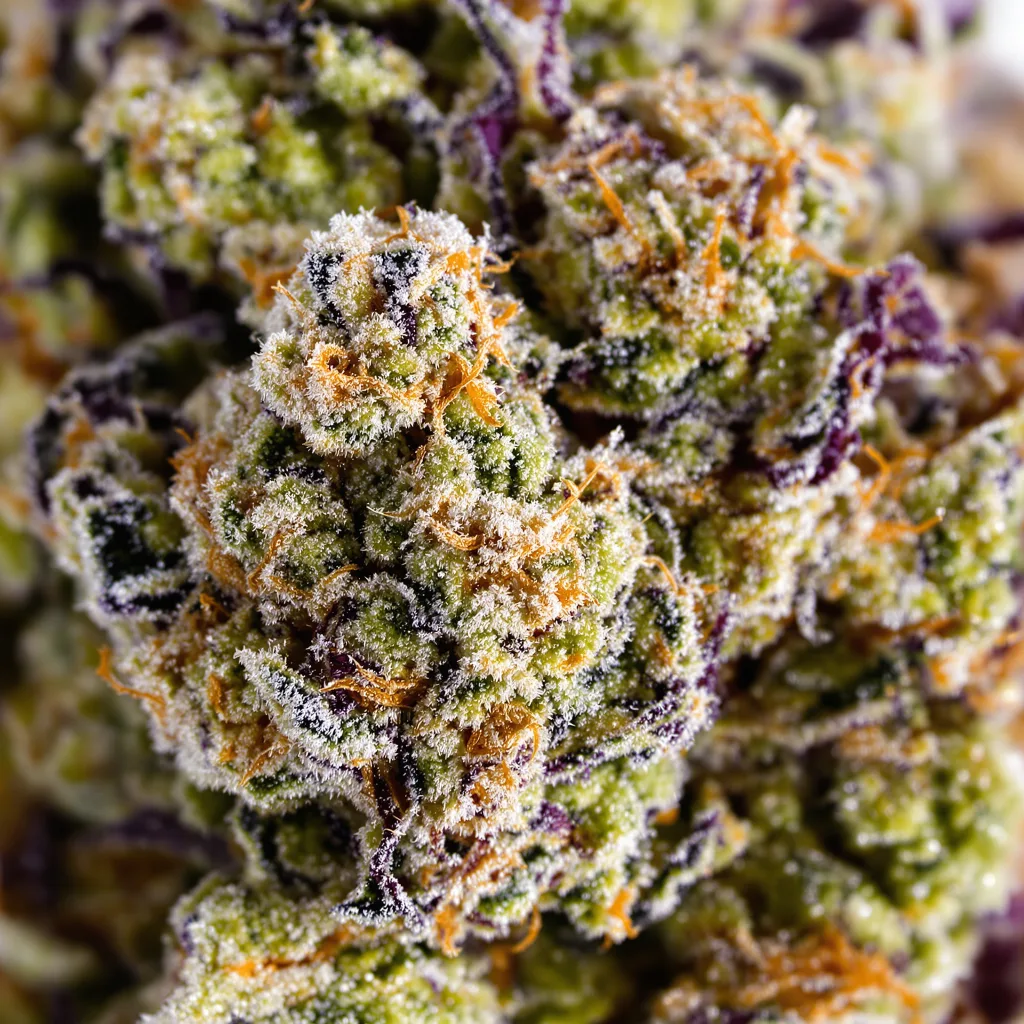 Gros plan de fleur de cannabis Orange Kush montrant structure équilibrée avec trichomes givrés
