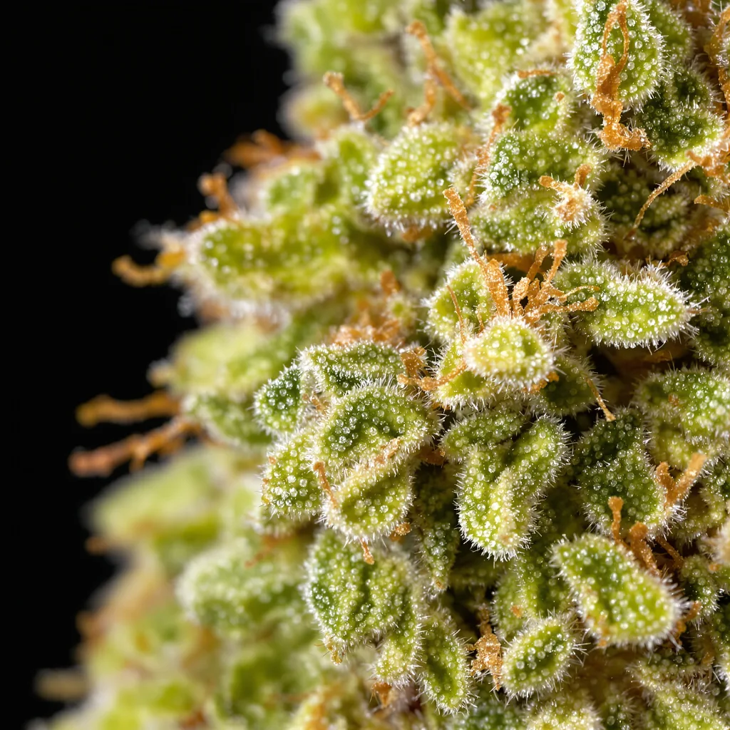 Gros plan de fleur de cannabis Orange Skunk montrant structure aérée vert lime