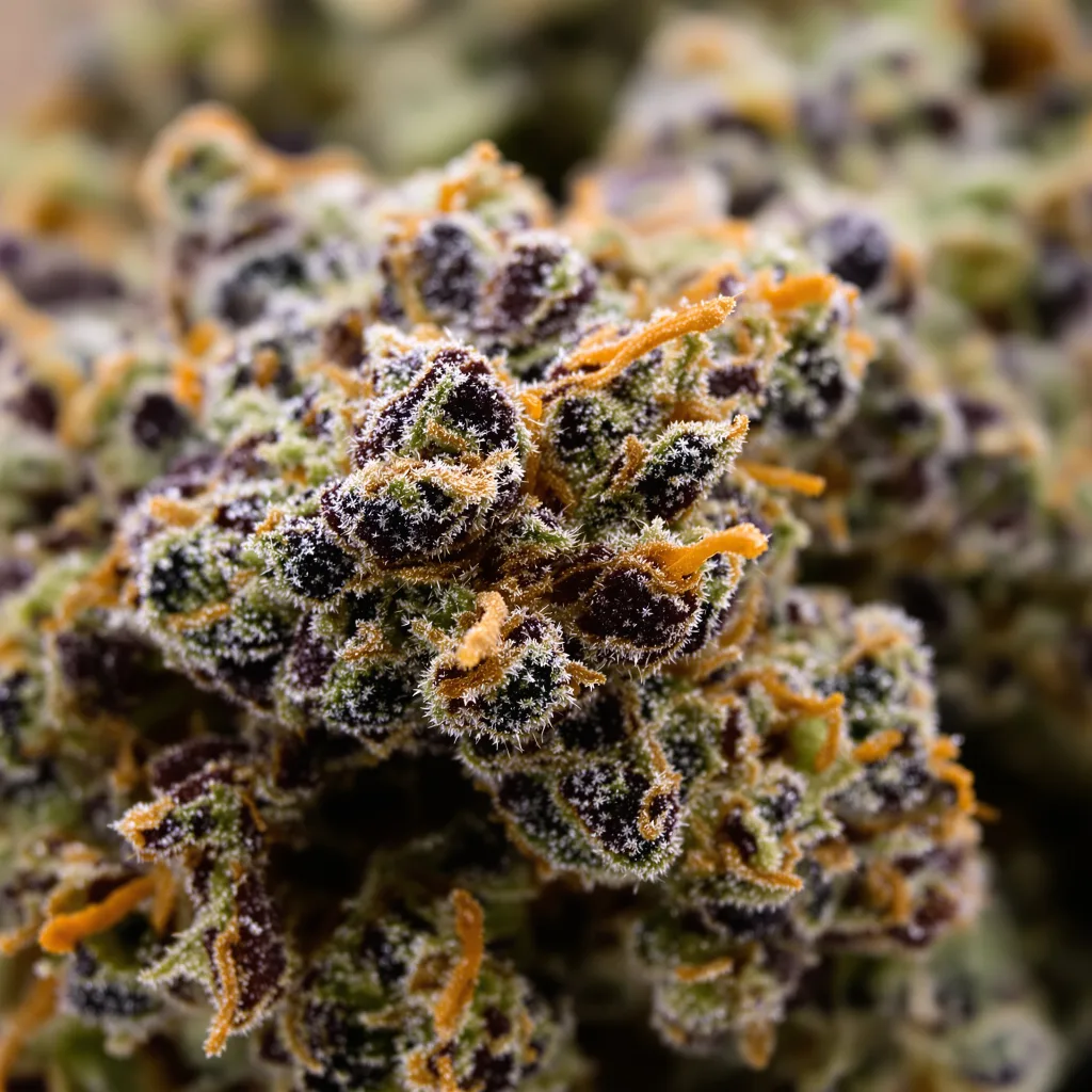 Gros plan de fleur de cannabis Oregon Diesel montrant calices denses aux reflets violets