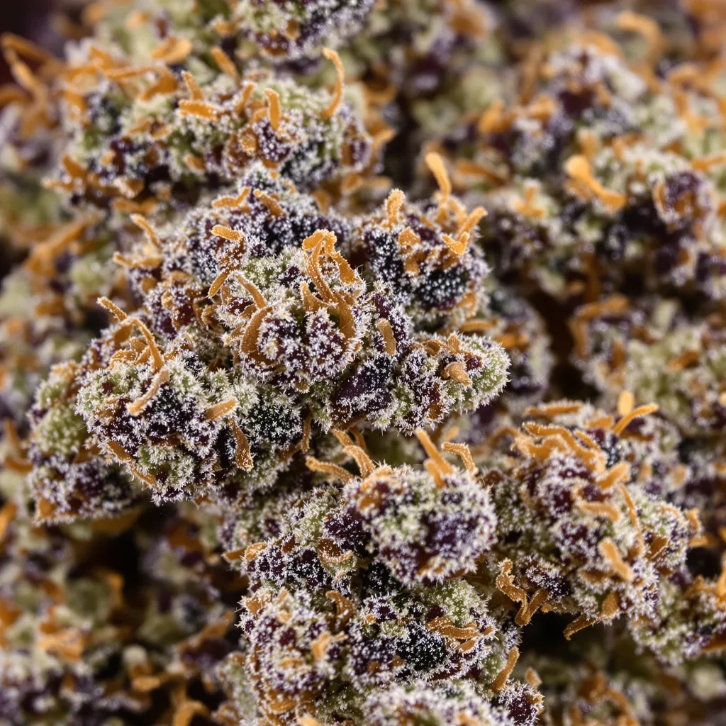 Gros plan de fleur de cannabis Oregon Peach montrant calices denses aux reflets violets