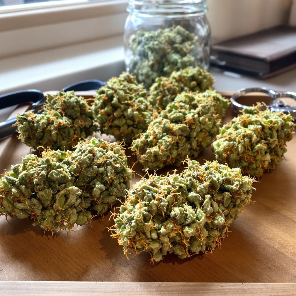 Original Lemon Pie 16% indica / 84% sativa — fleur avec trichomes visibles
