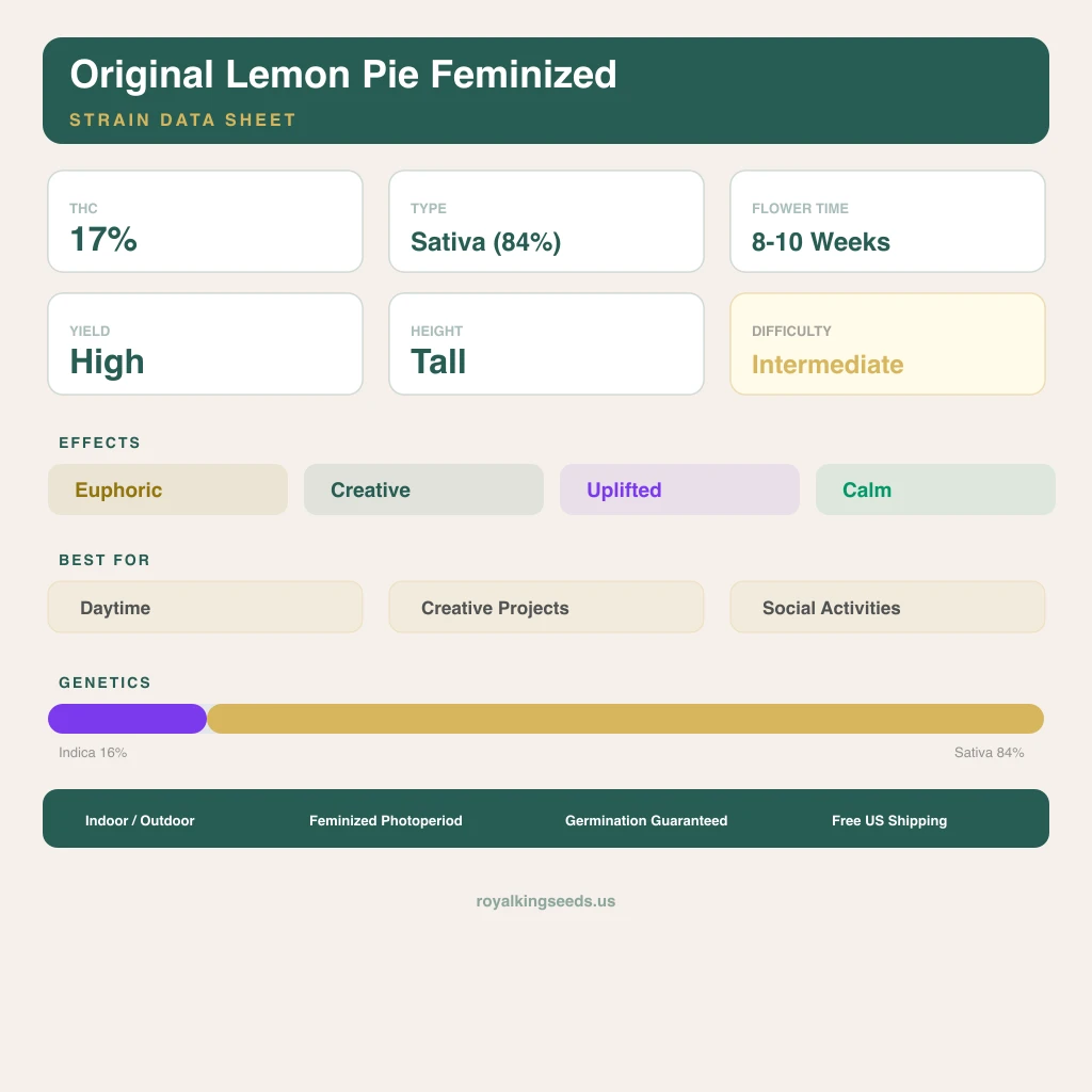 Original Lemon Pie 16% indica / 84% sativa — fleur avec trichomes visibles