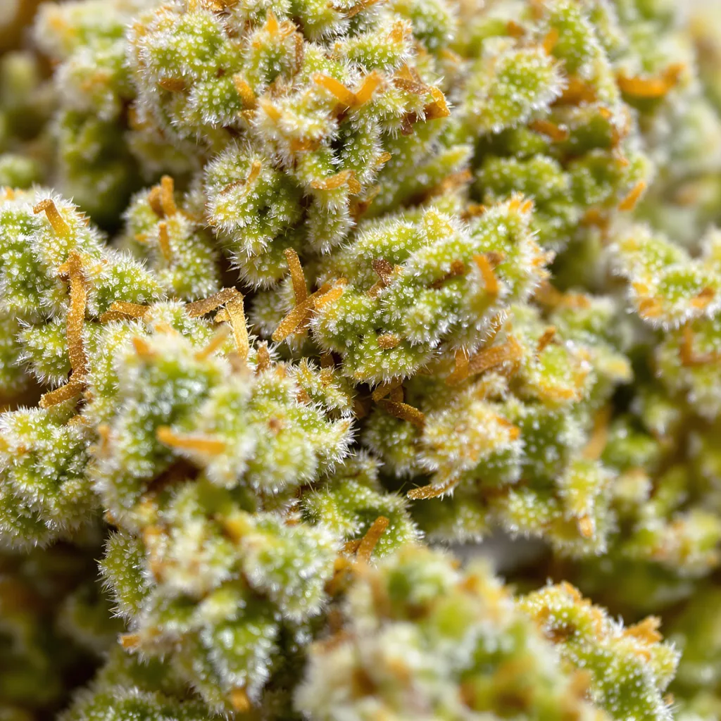 Gros plan de fleur de cannabis Original Lemon Pie montrant structure aérée vert lime