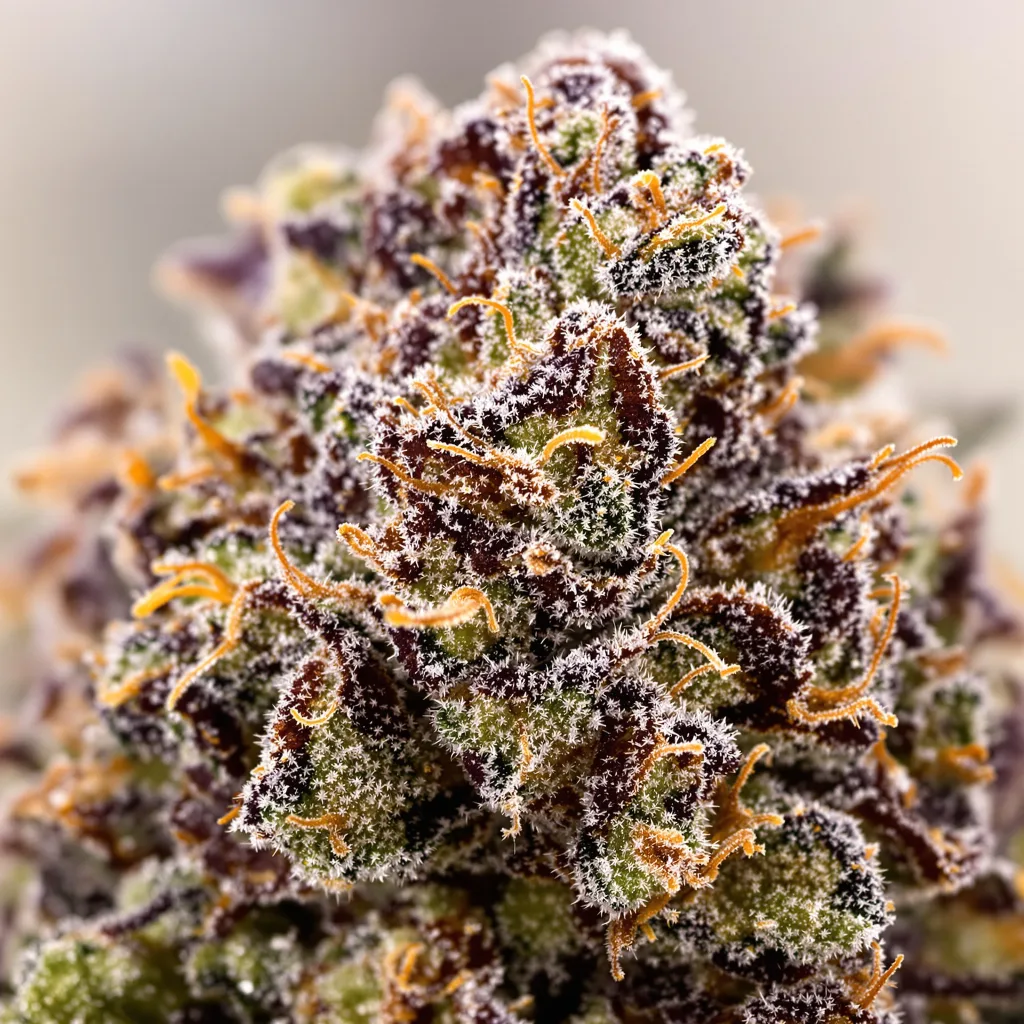 Gros plan de fleur de cannabis Ortega montrant calices denses aux reflets violets