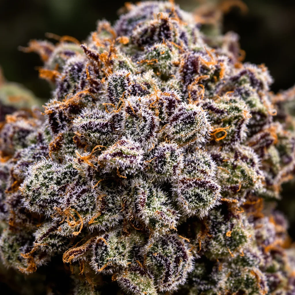 Gros plan de fleur de cannabis Overlord OG montrant calices denses aux reflets violets