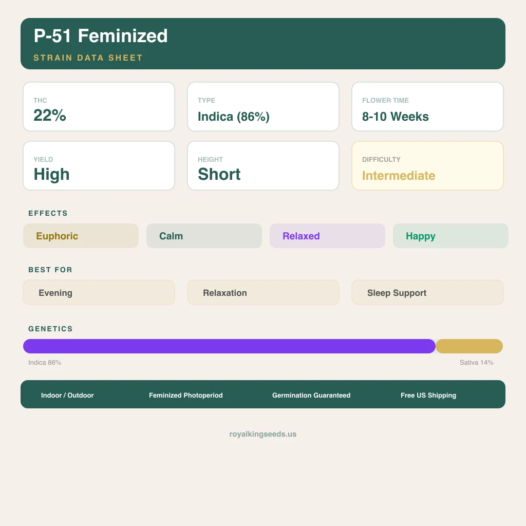 P-51 86% indica / 14% sativa — fleur avec trichomes visibles