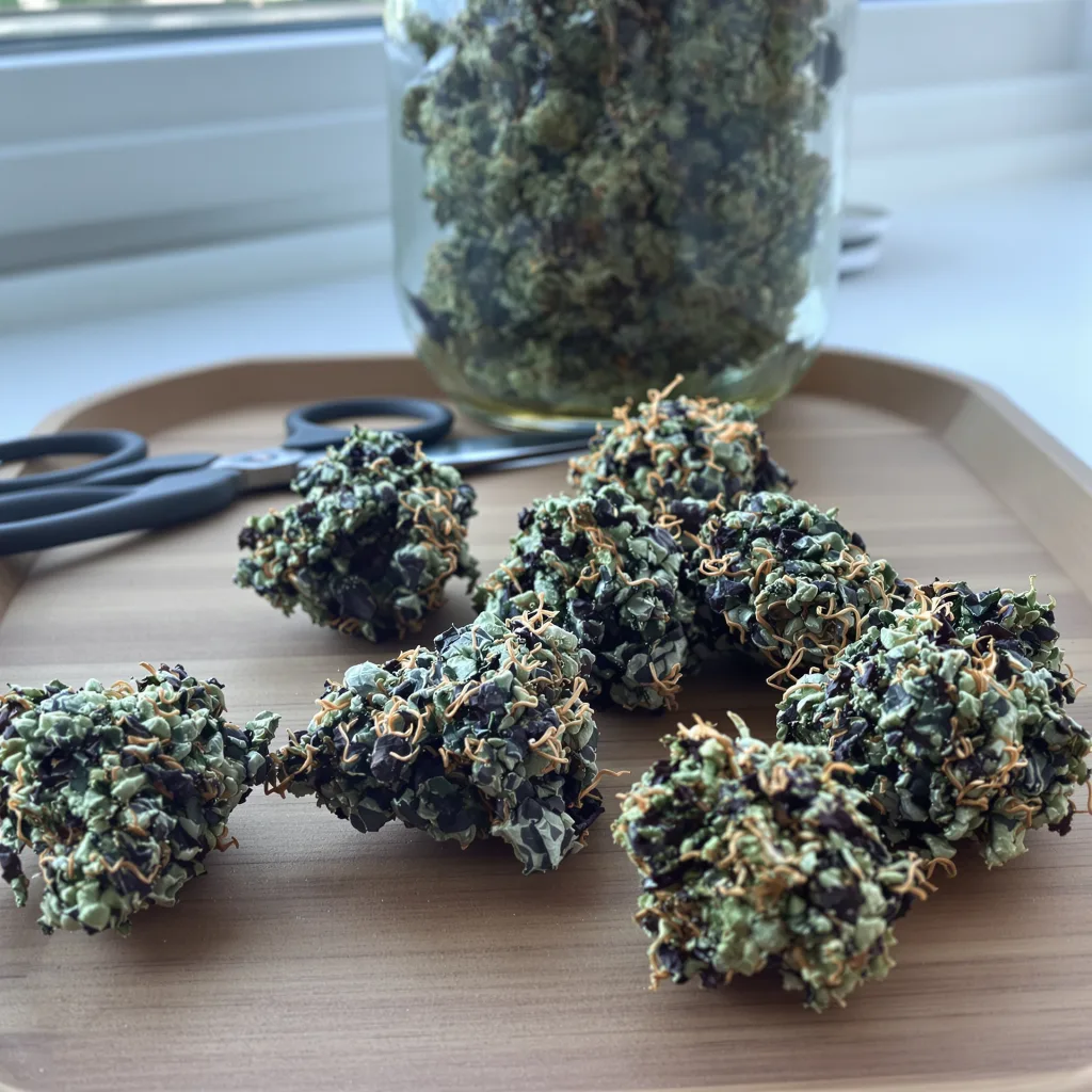 Pacific Blue 78% indica / 22% sativa — fleur avec trichomes visibles