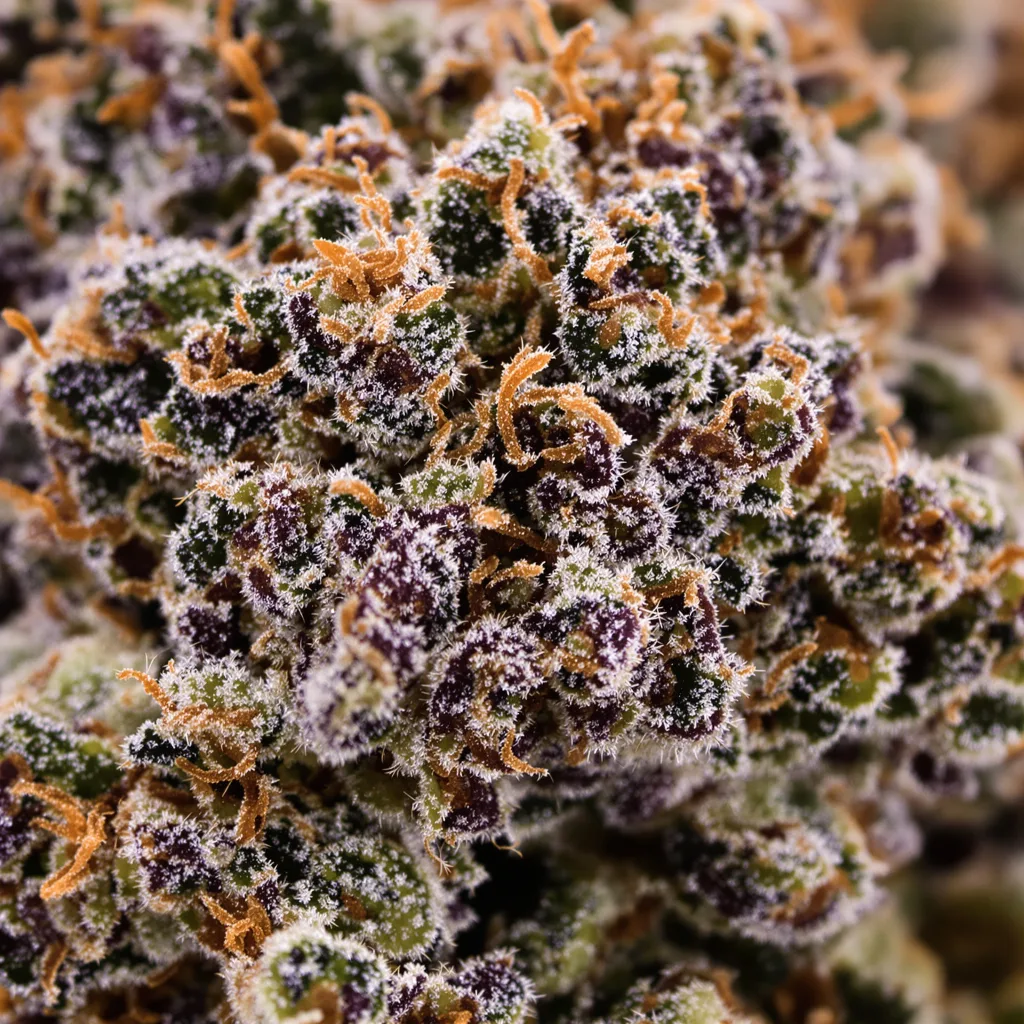 Gros plan de fleur de cannabis Pacific Blue montrant calices denses aux reflets violets