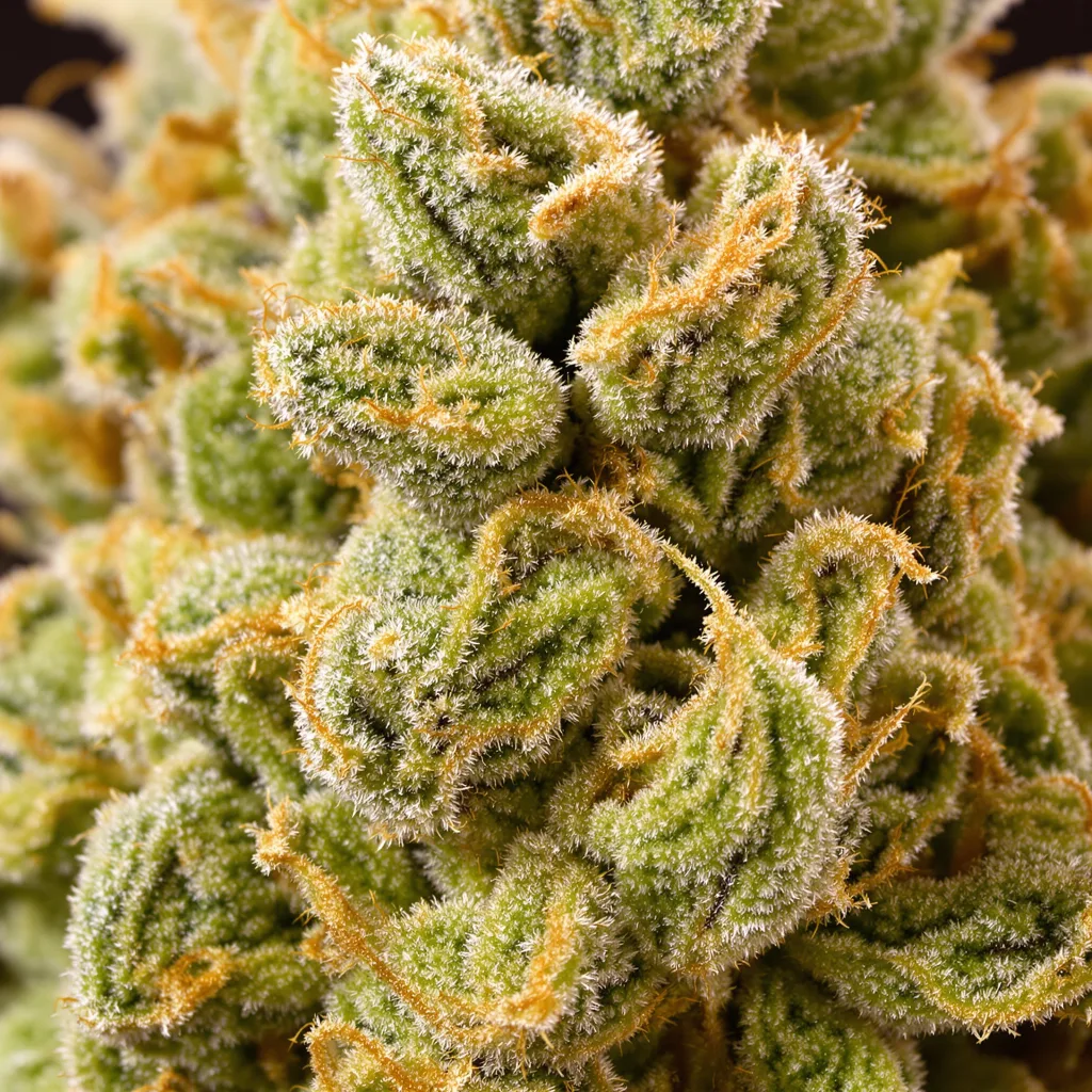 Gros plan de fleur de cannabis Painkiller XL montrant structure aérée vert lime