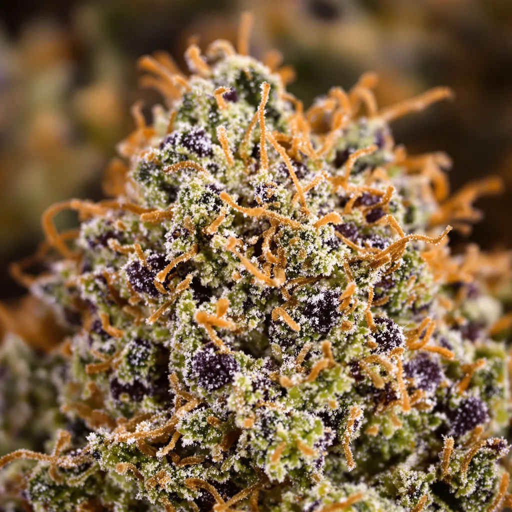 Gros plan de fleur de cannabis Pakistani Chitral Kush montrant calices denses aux reflets violets