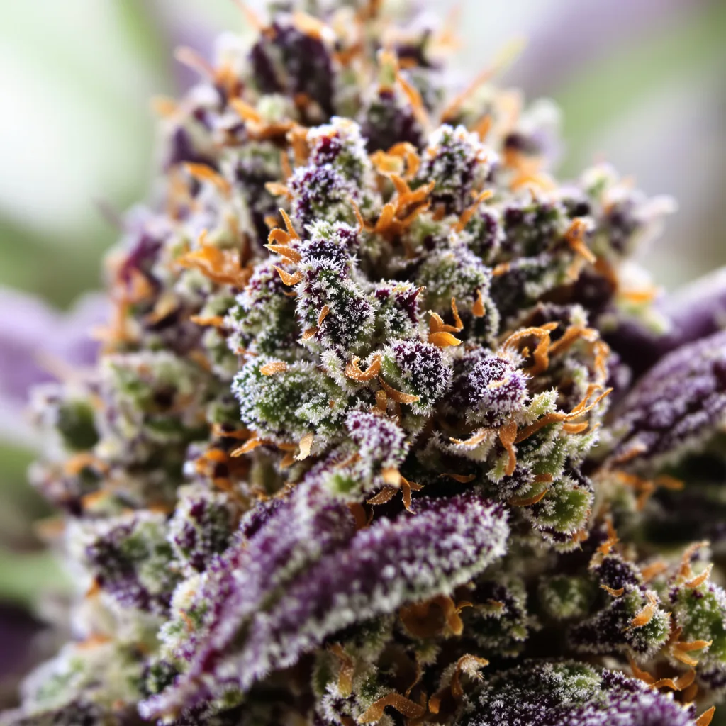 Gros plan de fleur de cannabis Pamelina montrant calices denses aux reflets violets