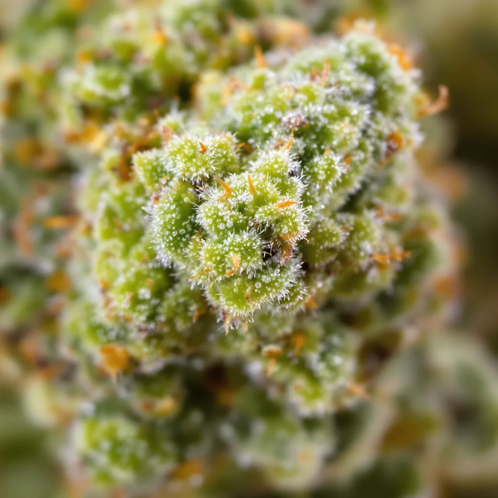 Gros plan de fleur de cannabis Panama Red montrant structure aérée vert lime