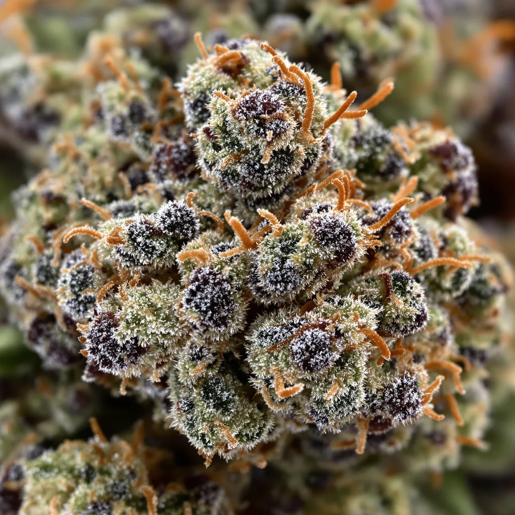 Gros plan de fleur de cannabis Papa's OG montrant calices denses aux reflets violets